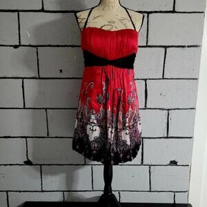 BUNDLE SALE! VINTAGE BEBE! Red Patterned Silk Party Dress Size L